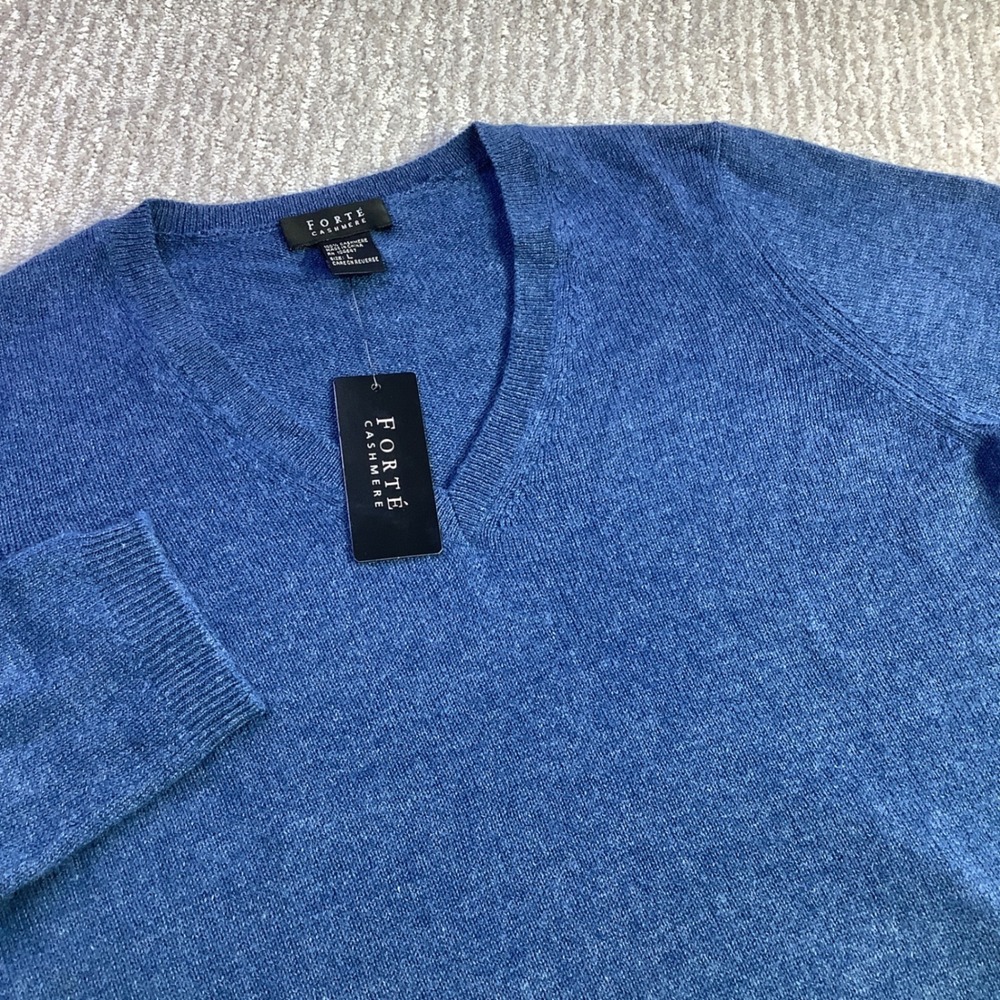 Forte Cashmere Womens V Neck Sweater Blue 100% Cashmere Pullover Size Large NWT